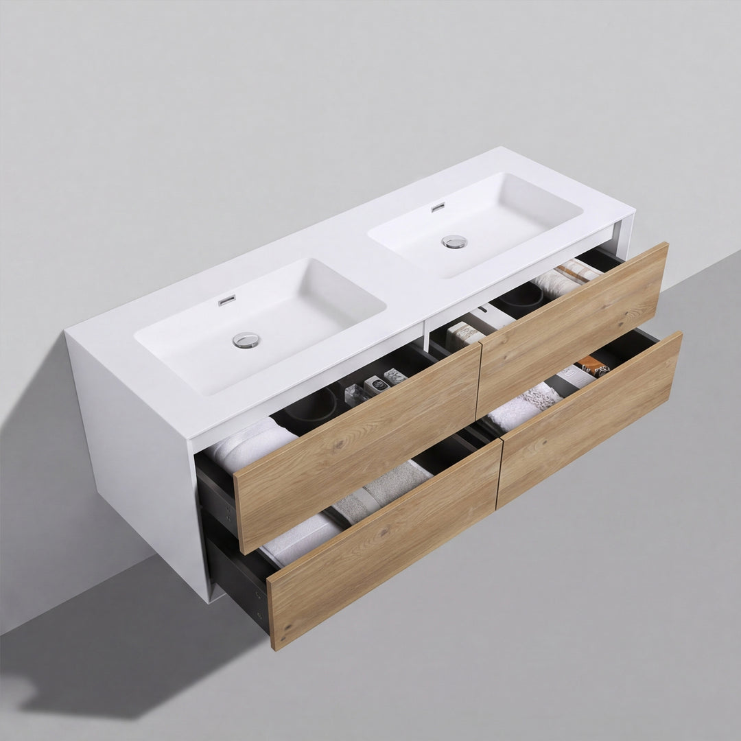 BAI Monza 59-inch Floating Bathroom Vanity with Gloss White Double Sink