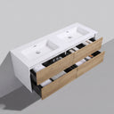A modern 59-inch wall-mounted double-sink bathroom vanity with a white rectangular countertop and integrated sinks, paired with light oak wood drawers and black interior compartments, shown against a plain gray wall.