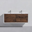 A modern 59-inch double-sink bathroom vanity with rich brown rose wood grain doors and a white frame, mounted against a light gray wall.