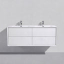 A modern gloss white 59-inch double-sink wall-mounted bathroom vanity with four drawers and two chrome faucets, shown against a light gray wall.