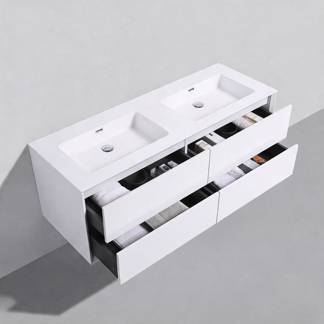 BAI Monza 59-inch Floating Bathroom Vanity with Gloss White Double Sink