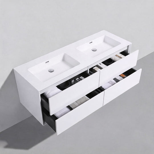 BAI Monza 59-inch Floating Bathroom Vanity with Gloss White Double Sink