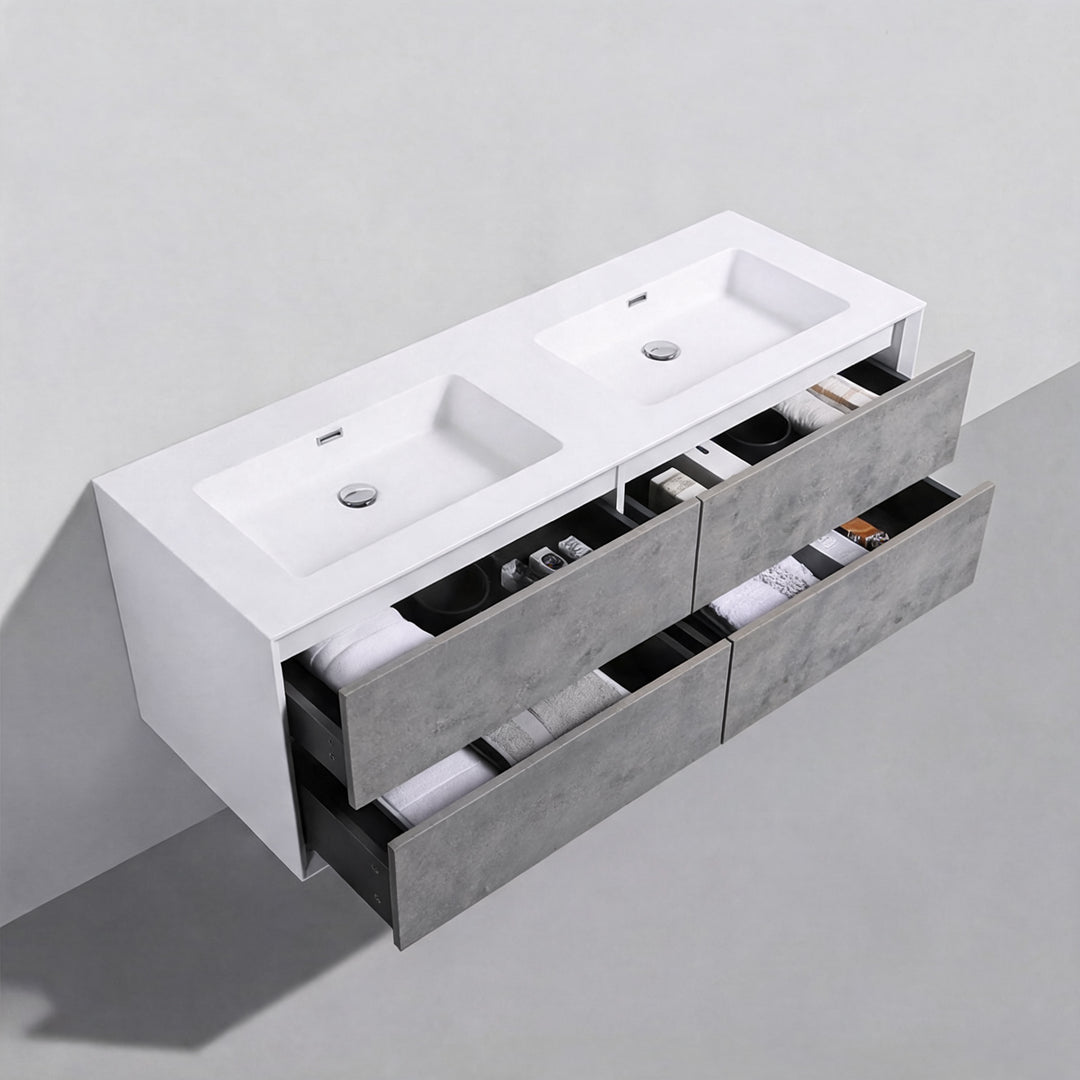 BAI Monza 59-inch Floating Bathroom Vanity with Gloss White Double Sink