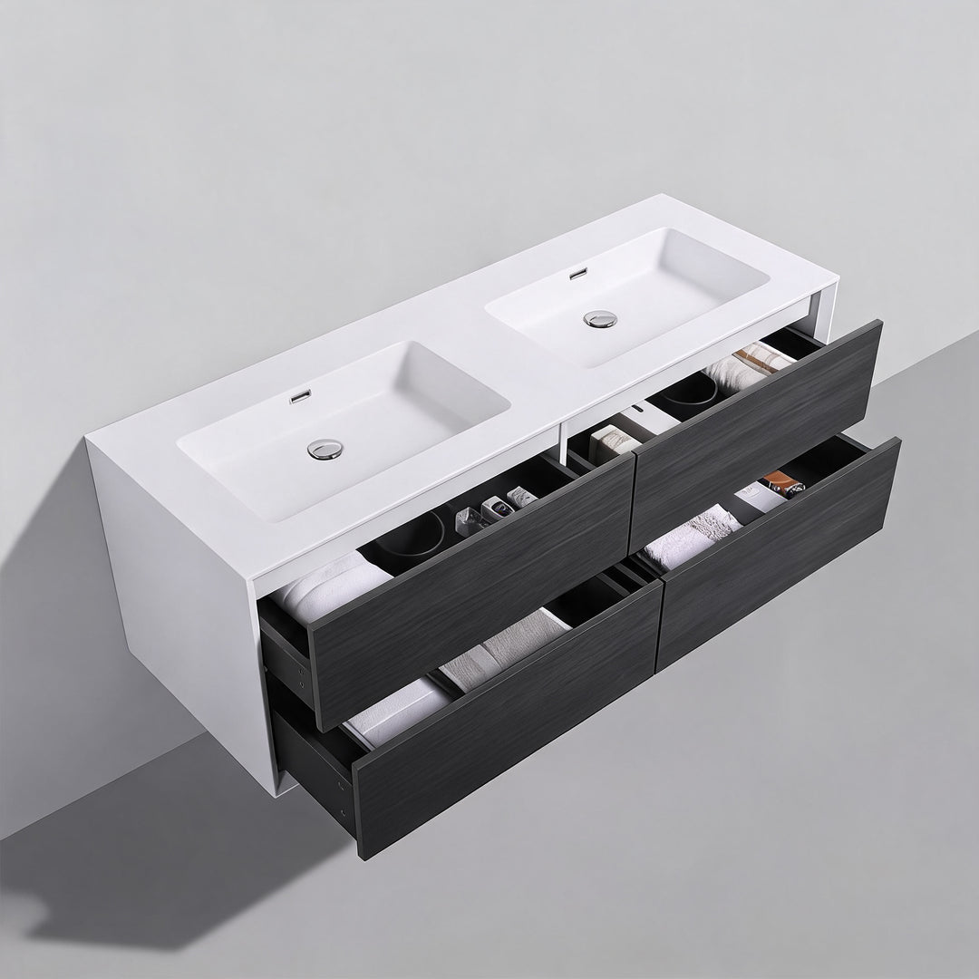 BAI Monza 59-inch Floating Bathroom Vanity with Gloss White Double Sink