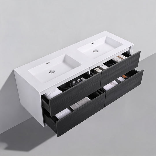 BAI Monza 59-inch Floating Bathroom Vanity with Gloss White Double Sink