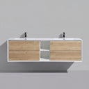 A modern wall-mounted double-sink bathroom vanity with a white frame and top, light oak wood drawer and door fronts, open center shelving, and two black faucets, shown against a plain light gray wall.