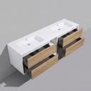A modern wall-mounted double-sink bathroom vanity with a white rectangular countertop and integrated sinks, paired with light oak wood drawer fronts and dark gray interior drawer compartments, shown against a plain gray wall.