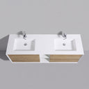 A modern double-sink bathroom vanity with a white countertop and integrated rectangular basins, paired with light wood cabinet doors and chrome faucets, shown against a plain gray wall.