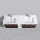 A modern double-sink bathroom vanity with a white rectangular countertop, two integrated square basins, two chrome faucets, and rich brown rose wood cabinet doors on a light gray background.
