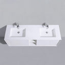 A modern gloss white double-sink bathroom vanity with two chrome faucets, shown from a top-down perspective against a neutral gray background.