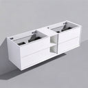 Gloss white wall-mounted floating storage cabinet with two open top compartments and two front drawers, shown against a light gray wall and floor.