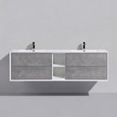A modern wall-mounted double-sink bathroom vanity with a white frame and top, textured stone gray drawer fronts, open shelving in the center, and two black faucets, shown against a light gray wall.