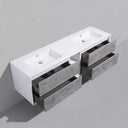 A modern wall-mounted double-sink vanity with a white rectangular countertop and integrated sinks, paired with four stone gray textured drawers, shown against a light gray wall.