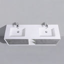 A modern double-sink bathroom vanity with stone gray drawers with a white rectangular countertop, two integrated square basins, chrome faucets, and open shelving below, shown against a light gray wall.