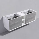 A modern wall-mounted bathroom vanity cabinet with a white frame and textured stone gray drawer fronts, shown floating against a light gray studio background.