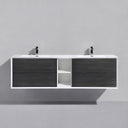 A modern wall-mounted double-sink bathroom vanity with a white frame and top, dark charcoal black oak wood-grain front doors, and an open center shelf, shown against a light gray wall.