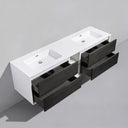 A modern wall-mounted double-sink bathroom vanity with a white rectangular countertop and integrated sinks, paired with dark charcoal black oak wood drawers and open shelving, shown against a light gray wall.