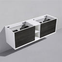 A modern wall-mounted bathroom vanity cabinet with two open top compartments and two dark black oak wood-grain doors, shown against a plain light gray wall.