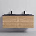 A modern wall-mounted 52-inch double-sink bathroom vanity with a light oak wood grain cabinet and a matte black countertop, featuring two black faucets, shown against a neutral light gray wall.