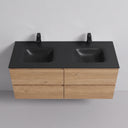 A modern floating 52-inch bathroom vanity with a light oak wood cabinet and a matte black double basin countertop, shown against a neutral light gray background.