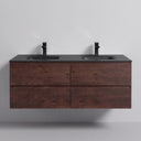 A modern wall-mounted 52-inch double-sink bathroom vanity with a rose wood grain cabinet and a matte black countertop, featuring two black faucets, shown against a neutral light gray wall.