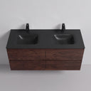A modern floating 52-inch bathroom vanity with a matte black quartz and resin double basin countertop and matte black faucets, mounted on a rich brown rose wood cabinet with four drawers.