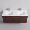 A modern wall-mounted 52-inch double-sink bathroom vanity with a white integrated countertop and sinks, paired with rich brown rose wood-grain cabinets and two chrome faucets, shown against a light gray wall.