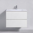 A modern matte white wall-mounted bathroom vanity with a rectangular basin and a single chrome faucet, shown against a light gray wall.