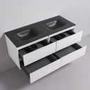 Modern wall-mounted 52-inch double-sink vanity with a matte black countertop and basin tops, matte white cabinet body, and four open drawers showing dark interior storage.