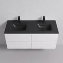 A modern 52-inch wall-mounted bathroom vanity with a matte black double basin countertop, two matte black faucet handles, and four matte white drawer fronts against a light gray wall.