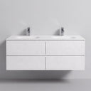 A modern matte white 52-inch double-sink floating bathroom vanity with four drawers and two sleek chrome faucets, set against a minimalist light gray wall and floor.