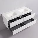 A modern matte white 52-inch double-sink bathroom vanity with four drawers, with four drawers pulled open to show dark gray interiors, set against a minimalist gray background.