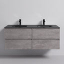 A modern wall-mounted 52-inch double-sink bathroom vanity with a stone gray concrete look cabinet and a matte black countertop, featuring two black faucets, shown against a neutral light gray wall.