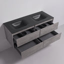 A modern 52-inch wall-mounted bathroom vanity with a matte black quartz and resin countertop featuring two integrated sinks and a textured stone gray cabinet body with three open drawers.