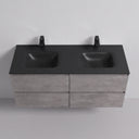 A modern 52-inch wall-mounted double-sink bathroom vanity with a matte black countertop and integrated basins, paired with four stone gray textured drawers and two black faucet handles, shown against a light gray wall.