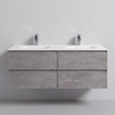 A modern 52-inch wall-mounted double-sink bathroom vanity with a concrete-look stone gray cabinet, matte white countertop, and two chrome faucets against a light gray wall.