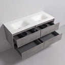 A modern 52-inch double-sink bathroom vanity with a white integrated countertop and basin, paired with a textured stone gray cabinet featuring four open drawers, shown against a neutral gray background.