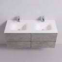 A modern 52-inch wall-mounted double-sink bathroom vanity with a matte white integrated countertop and basins, paired with a stone gray concrete-look cabinet and two chrome faucets, shown against a light gray wall.