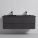A modern floating 52-inch double-sink bathroom vanity in a black oak wood finish and a matte black top, featuring two matte black faucets, shown against a clean light gray wall.