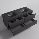 A modern 52-inch double-sink bathroom vanity in a dark black oak wood finish and matte black countertop, shown with four drawers pulled open against a clean light gray wall and floor.