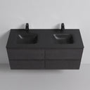 A modern 52-inch floating bathroom vanity in a black oak wood finish with a matte black double basin countertop and two matching matte black faucets, shown against a light gray wall and floor.
