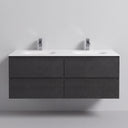 A modern 52-inch floating double-sink bathroom vanity with a dark black oak wood-grain cabinet, a matte white countertop, and two chrome faucets, shown against a light gray wall.