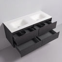 A modern 52-inch wall-mounted bathroom vanity with a matte white double basin countertop and a dark black oak wood-grain cabinet, shown with four lower drawers pulled open against a light gray wall.