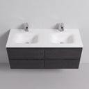 A modern 52-inch wall-mounted double-sink bathroom vanity with a matte white integrated countertop and sinks, paired with dark black oak wood-grain cabinets and two chrome faucets, shown against a light gray wall.