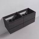 A dark black oak wooden 52-inch bathroom vanity cabinet with four drawers and two open upper compartments, shown from an elevated angle against a light gray wall and floor.