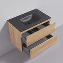 A modern 34-inch wall-mounted bathroom vanity with a black rectangular basin and matte black faucet, paired with a light natural wood cabinet and two open drawers, shown against a plain light gray wall and floor.