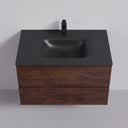 A modern 34-inch wall-mounted bathroom vanity with a matte black quartz and resin top and integrated basin, paired with a matte black faucet and a rich brown rose wood-grain cabinet below, shown against a neutral light gray background.