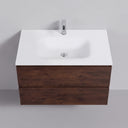 A modern 34-inch wall-mounted bathroom vanity with a matte white rectangular sink and chrome faucet, paired with a rich brown rose wood-grain two-drawer cabinet, shown against a light gray wall.