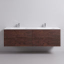 A modern floating 68-inch bathroom vanity with a rich brown rose wood-grain cabinet, a matte white integrated double sink countertop, and two chrome faucets, shown against a neutral light gray wall.