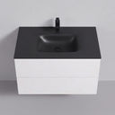 A modern 34-inch wall-mounted bathroom vanity with a matte black rectangular basin and faucet, paired with a matte white two-drawer cabinet, shown against a neutral gray background.